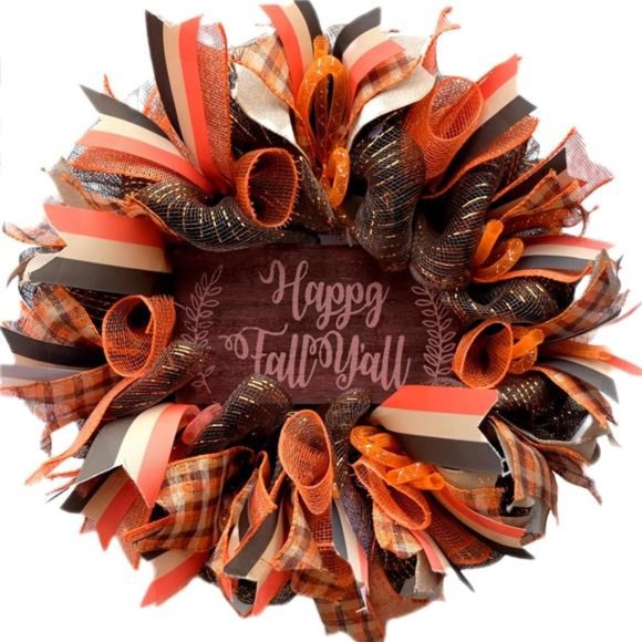 Other - 16 Inch Fall Mesh Deco Wreath, Happy Fall Wood Sign Ribbon Wreath Orange Wreath